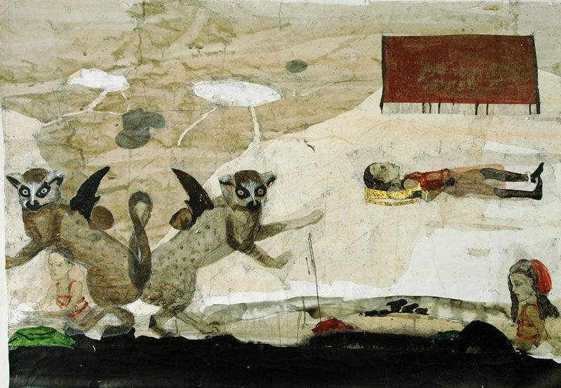 Kerstin Grimm: Kinderspiele, 2008, Zeichnungscollage, 118 x 160 cm
