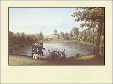 Florian Grospietsch - Schlossgarten Charlottenburg, Blick von der Hohen Brücke, um 1815, Aquarell