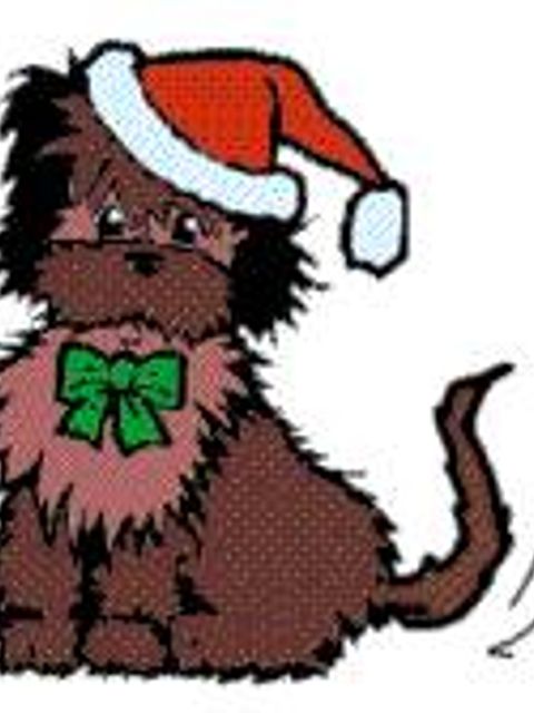 Zeichnung von einem Hund mit Weihnachtsmütze auf dem Kopf