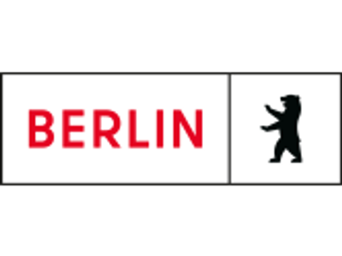 Berliner Logo Schriftzug Berlin in rot auf weißem Grund rechts daneben Berliner Bär in schwarz auf weißem Grund 