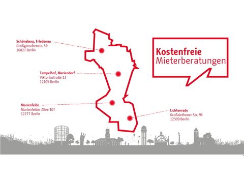 Bildvergrößerung: Kartenumriss Tempelhof-Schönebergs mit eingezeichneten Punkten; dazu der Schriftzug „Kostenfreie Mieterberatungen“