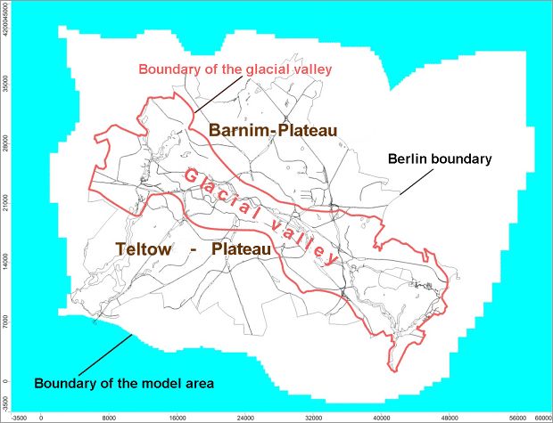 Fig. 3: Area of the groundwater flow model for developing the EHGL map for the Berlin glacial valley
