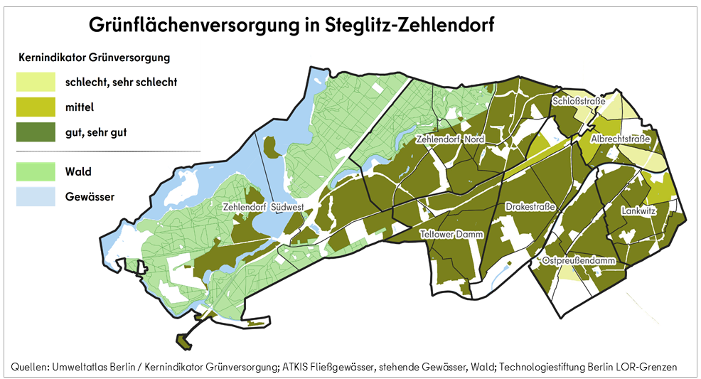 Karte zur Grünflächenversorgung in Steglitz-Zehlendorf