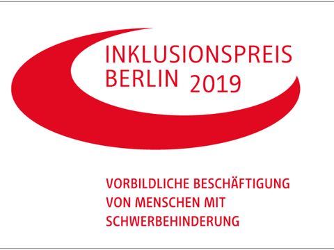 Logo mit der Aufschrift Inklusionspreis Berlin 2019 - Vorbildliche Beschäftigung von Menschen mit Behinderung