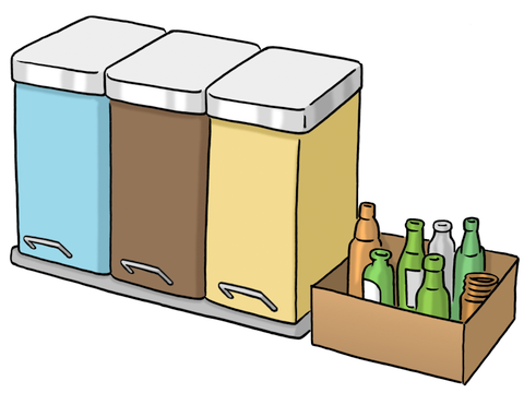 Illustration dreier Mülltonnen mit einer Kiste Flaschen daneben