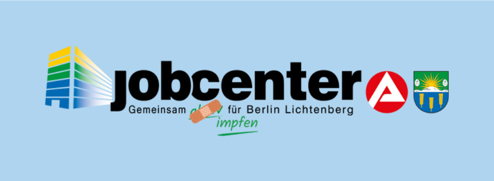 blaues Jobcenter Logo mit Impfaufruf 2