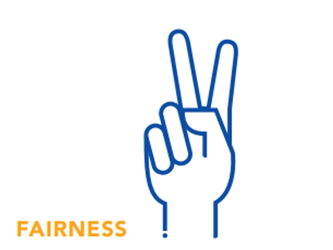 Blaue Hand, die ein Peace-Zeichen macht. Daneben in orange das Wort "Fairness"