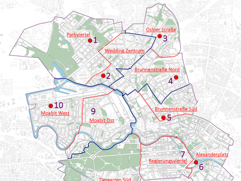 Karte des Bezirks Mitte mit der Verortung der Stadtteilkoordinationen Mitte