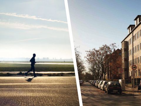 Das Bild ist eine Montage aus drei Fotos aus der Bezirksregion Tempelhof: ein Bild der Bibliothek, ein Bild eines Läufers auf dem Tempelhofer Feld und ein Bild einer Häuserfassade aus den dreißiger Jahren im Germaniagarten