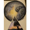 Bildvergrößerung: gemaltes Bild: in einem Dreieck gemalte Landschaft mit einem schwarzen Baum; darüber: angedeutete Planeten in einem Kreis
