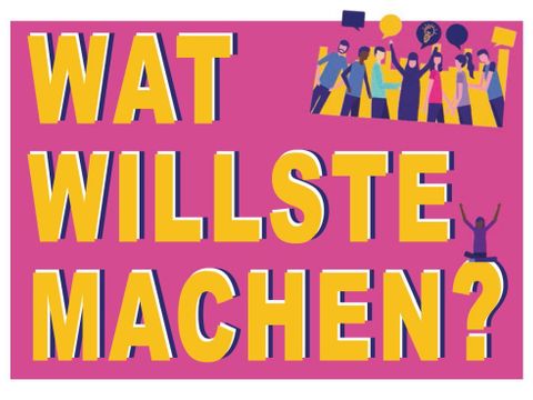 'Wat willste machen?' - Logo Stadtteilbudget Marzahn-Hellersdorf, gelbe Schrift auf pinkem Hintergrund mit Silhouetten von Menschen