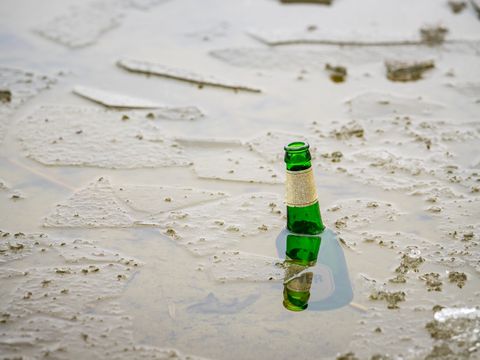 leere Bierflasche im Wasser