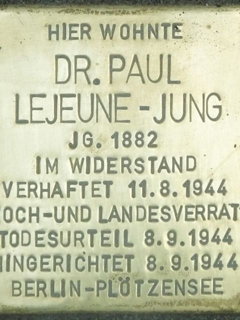 Stolperstein Dr. Paul Lejeune-Jung, Foto:H.-J. Hupka, 2014