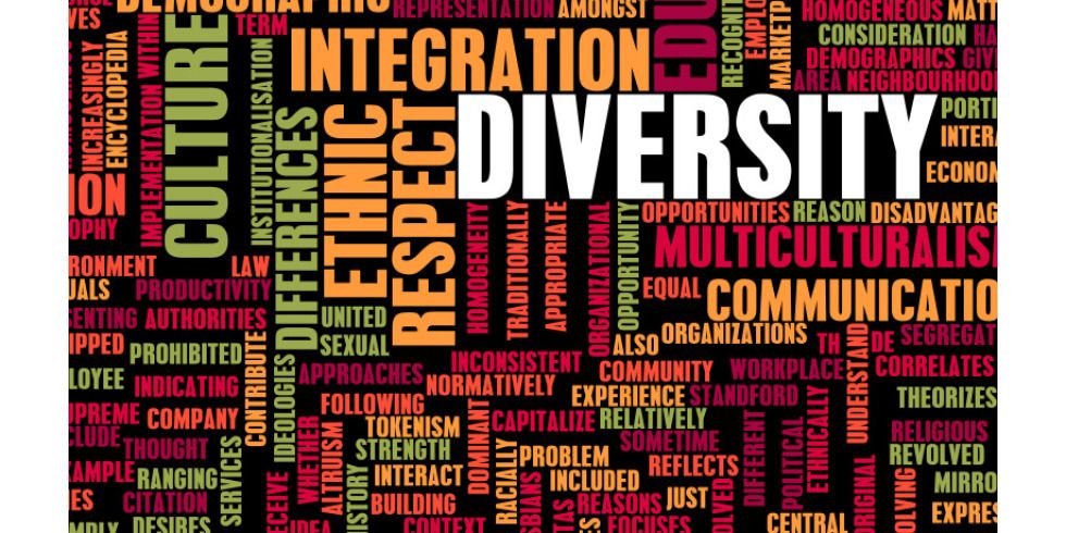 Foto auf dem viele Begriffe wie u.a. Integration und Diversity stehen