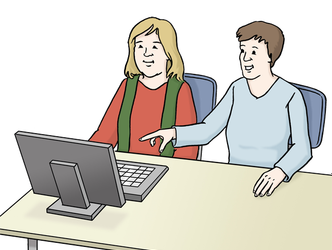 Illustration einer Assistenzperson, die einer Frau beim Bedienen des PCs hilft