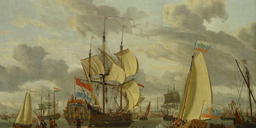 Abraham Stork, Zar Peter der Große an Bord seiner Jacht auf dem Weg zur Fregatte Pieter en Paul, um 1698