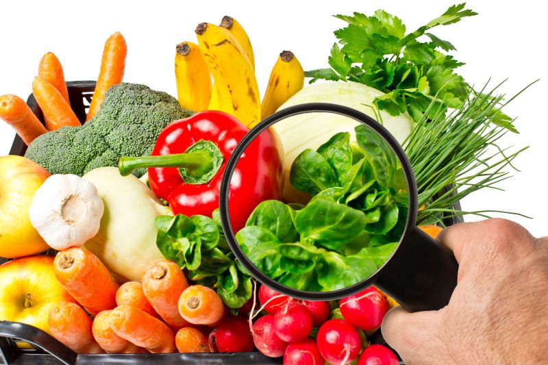 Lebensmittelkontrolle bei Obst und Gemüse mit einer Lupe