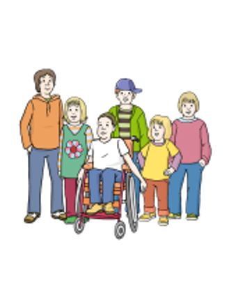 Illustration eines Kinds im Rollstuhl mit anderen Kindern