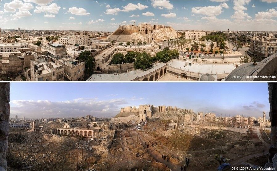 Altstadt von Aleppo, Syrien. Seit 1986 Welterbe, steht die Stätte seit 2013 auf Liste des gefährdeten Erbes der Welt. Auch die Zitadelle wurde infolge der Kampfhandlungen stark beschädigt. 