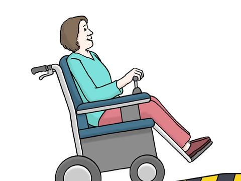 Grafik Frau im Rollstuhl fährt eine Rampe hoch