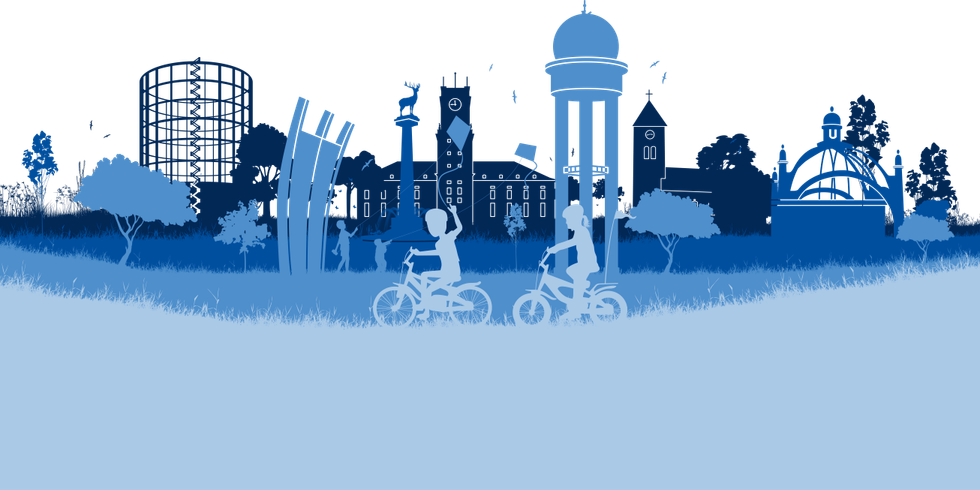 Skyline des Bezirks Tempelhof Schöneberg mit im Vordergrund zwei fahrradfahrenden Kindern