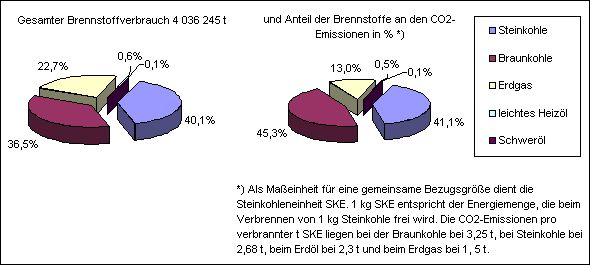 Abb. 7: Gesamter Brennstoffeinsatz und CO2-Emissionen in bedeutenden Berliner Heizkraftwerken im Jahr 2004 