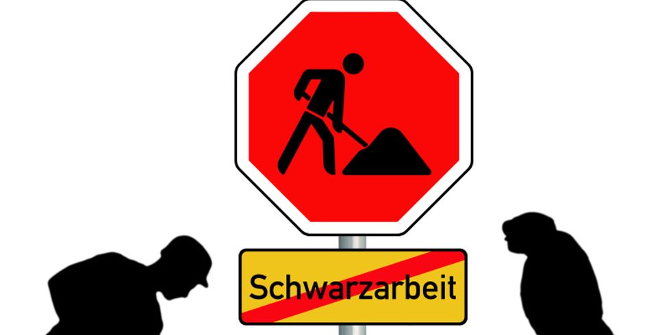 Illustration mit zwei Bauarbeitern zu Schwarzarbeit, was durchgestrichen ist