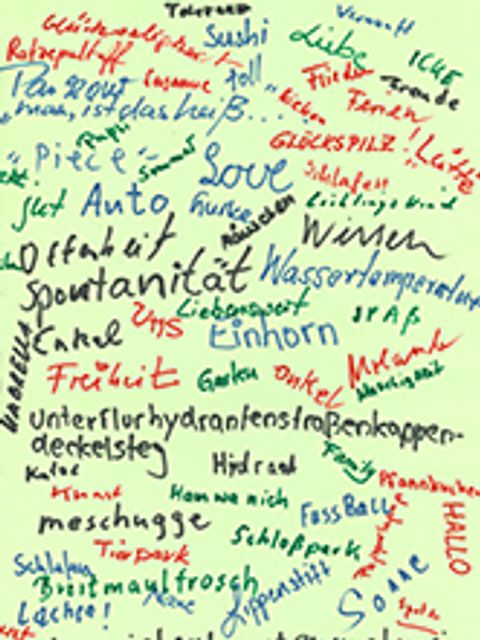 Bildvergrößerung: Wörter wurden auf einem grünen Blatt Papier von verschiedenen Menschen durcheinander geschrieben