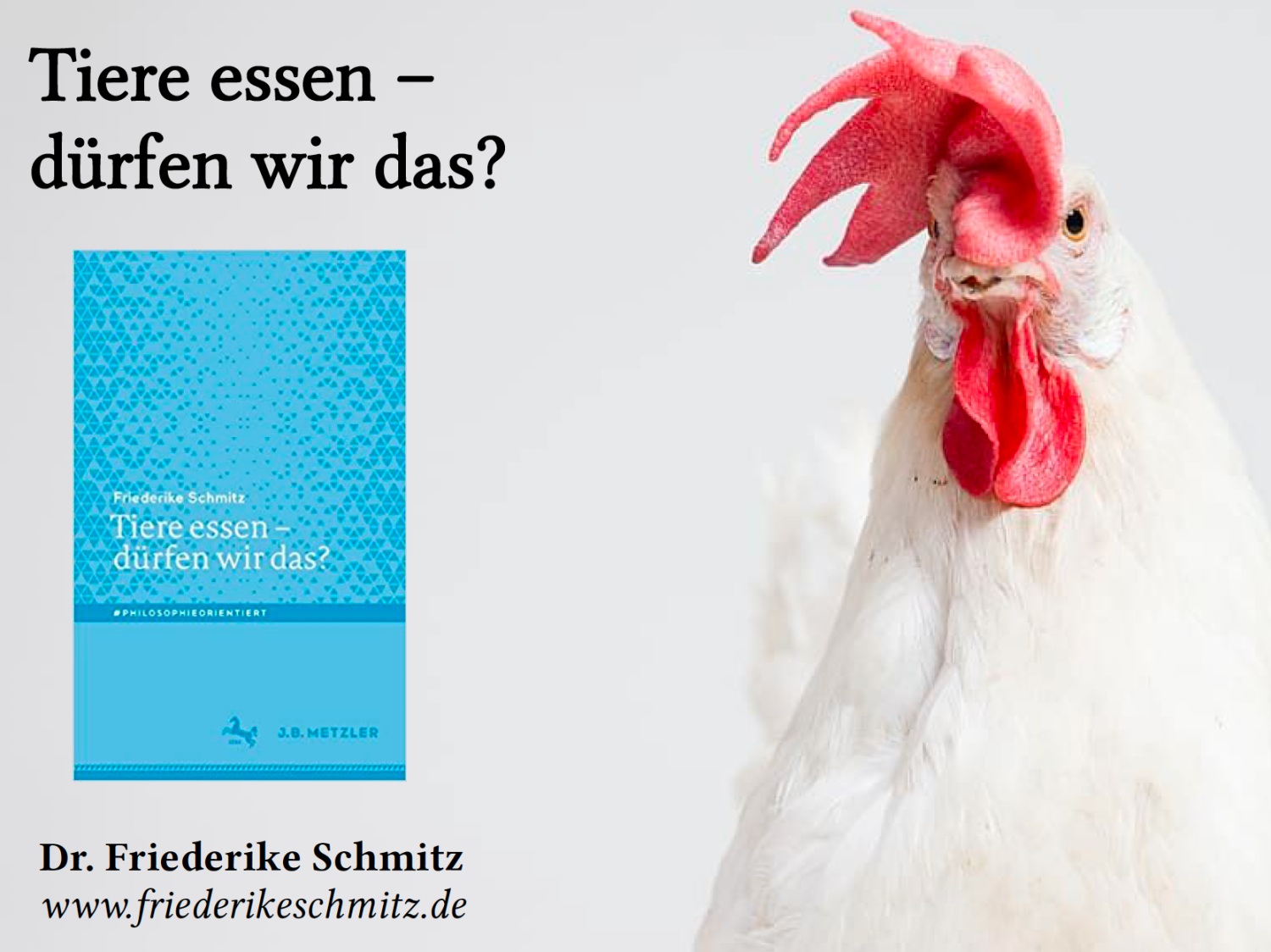 Foto eines Hahns neben dem Bild einer Broschüre mit dem Titel Tiere essen - dürfen wir das?