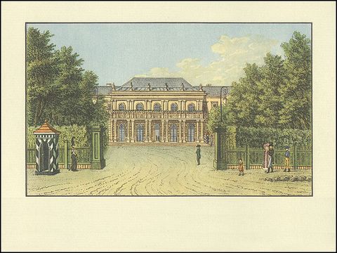 Friedrich August Calau - Schlossgarten Charlottenburg, Vorgarten des Neuen Flügels, um 1800, Radierung, aquarelliert