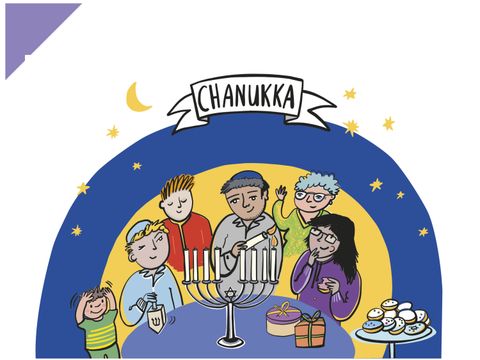 Illustration mit Figuren an einem runden Tisch zu Chanukka
