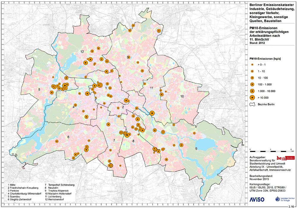 Räumliche Verteilung der Feinstaub (PM10) - Emissionen genehmigungsbedürftiger Anlagen in Berlin 2012
