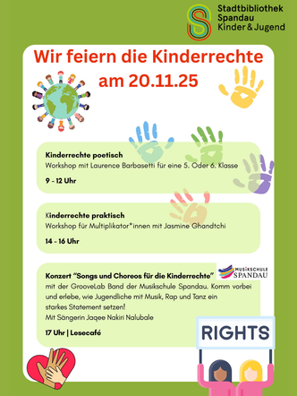 Plakat mit Programm der Stadtbibliothek Spandau zum Tag der Kinderrechte