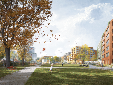 Bildvergrößerung: Perspektive des Siegerentwurfes: Blick über die große Wiese in den Park, rechts der Quartiersplatz mit dem Stadtbad