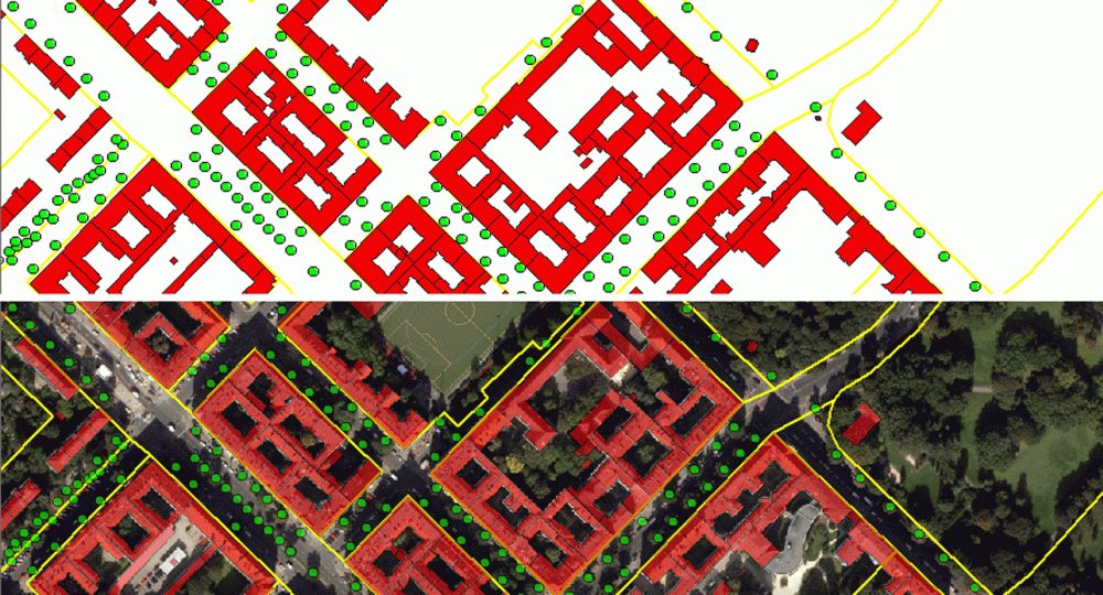 Enlarge photo: Fig. 3: Section of the geo-base and technical data used: ALK building layer (red), ISU5 block boundaries (yellow), street trees (green), with a TrueOrtho-photo background 