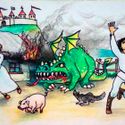 Bildvergrößerung: Gemaltes Bild auf dem ein grüner Drache Feuer speit und Menschen und Tiere vor dem Drachen fliehen.