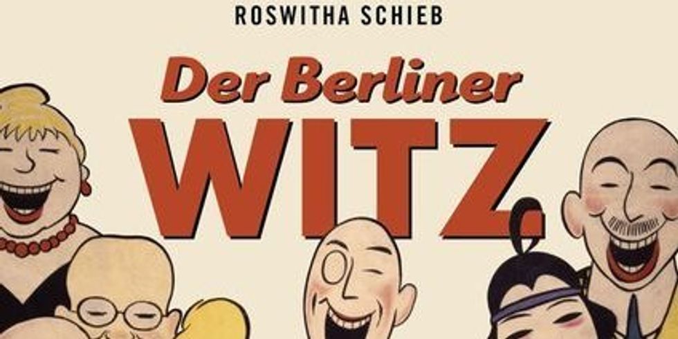 gemalte Menschen in festlicher Kleidung die lachen als Plakat mit der Aufschrift der Berliner Witz