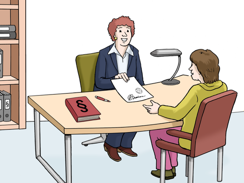 Illustration zwei Menschen am Schreibtisch mit einem beglaubigten Dokument