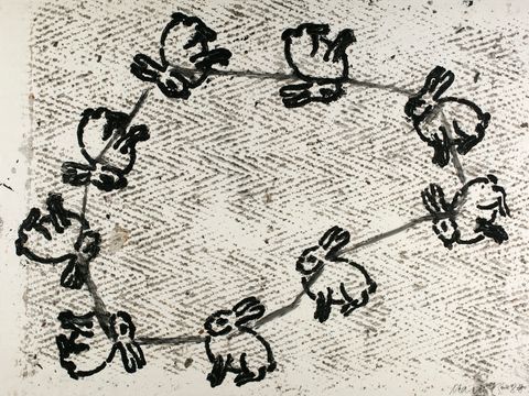 Oskar Manigk, Hasen an der Leine, 1988, Mischtechnik auf Zeichenpapier, 75 x 100 cm