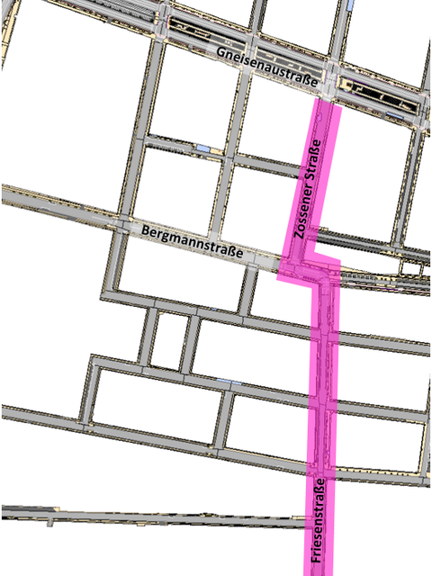 Straßenkarte des Bergmannkiezes, Friesenstraße/Zossener Straße sind pink markiert