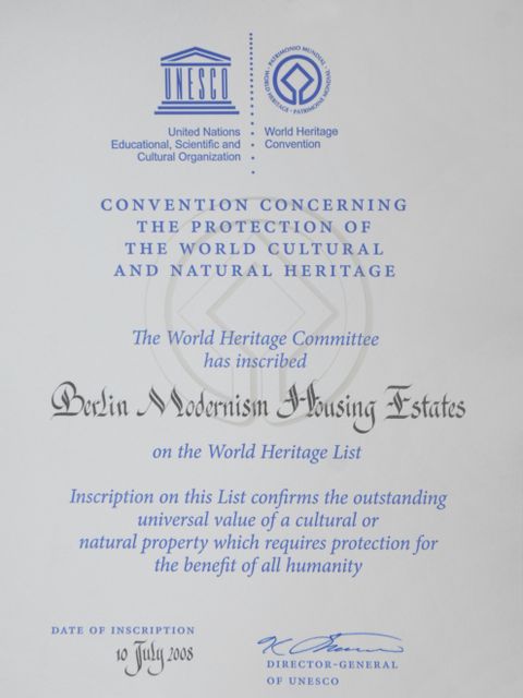 Bildvergrößerung: Urkunde UNESCO Welterbe Siedlungen