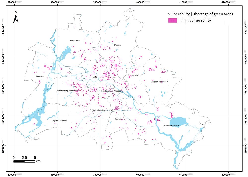 Enlarge photo: Spatial representation of areas with a special vulnerability as compared to the urban climate based on a shortage of green areas in Berlin