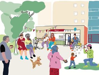 Illustration einer Gruppe von Menschen und einem Hund vor einem Gebäude mit dem Schriftzug, einige sitzen auf einer Bank unter Bäumen, andere spielen mit Seifenblasen und einem Ballon.