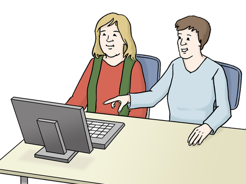 Illustration einer Assistenzperson, die einer Frau beim Bedienen des PCs hilft