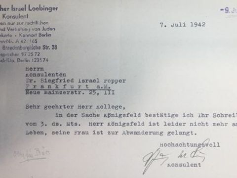 Bildvergrößerung: Schreiben des Konsulenten Dr. Günther Loebinger (Berlin) an den Konsulenten Dr. Siegfried Popper (Frankfurt) vom 7. Juli 1942