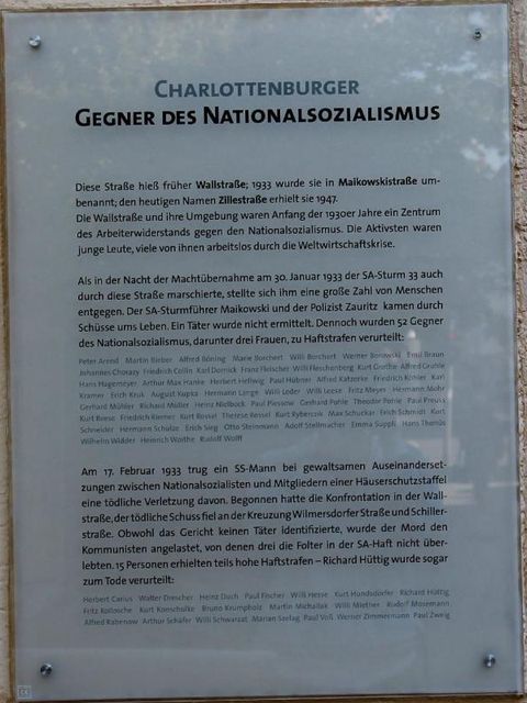 Bildvergrößerung: Gedenktafel Gegner des Nationalsozialismus, Haus der Jugend, Zillestr. 54
