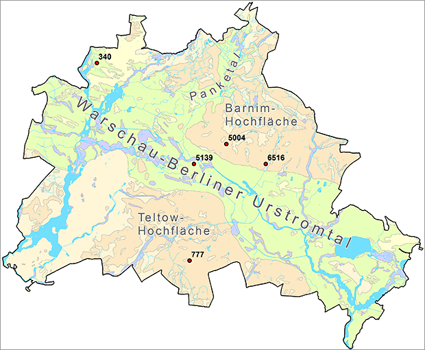 Abb. 12: Lage von fünf beispielhaften Grundwassermessstellen: 340 und 5139 im Urstromtal, 777 auf der Teltow-Hochfläche und 5004 sowie 6516 auf der Barnim-Hochfläche
