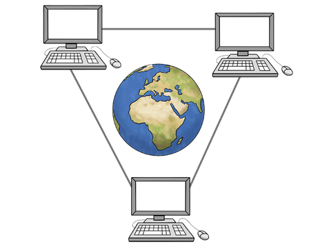Die Zeichnung zeigt ein Netzwerk von Computern um eine Weltkugel.