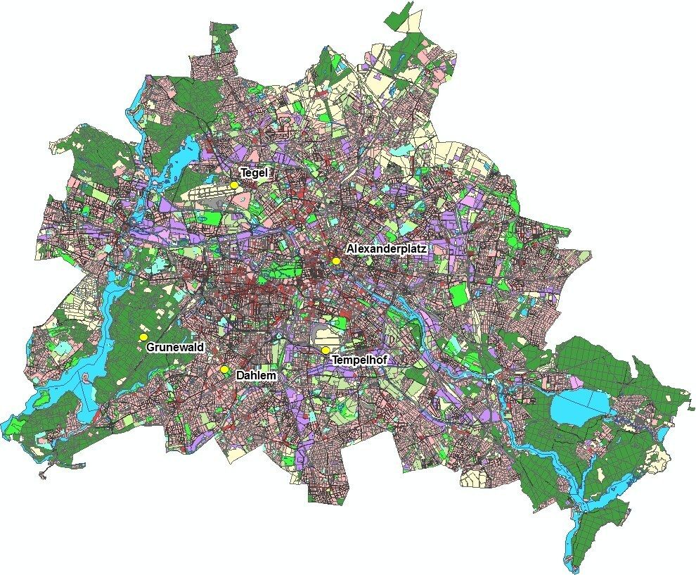 Bildvergrößerung: Abb. 0.1: Lage der ausgewerteten Berliner Klimastationen im Stadtgebiet von Berlin. Die Messstandorte sind durch gelbe Kreise gekennzeichnet (Die Potsdamer Station liegt im Südwesten außerhalb des Kartenausschnittes)