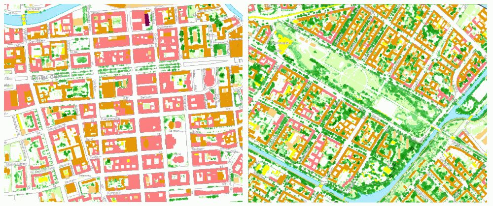 Enlarge photo: Fig. 19: Classification results in the Berlin inner city: Highly impervious inner-city buildings on both sides of Friedrichstraße (left), and Imperial era block construction with a high share of green space in the area of “Görlitz Park (right) (scale 1: 7500)